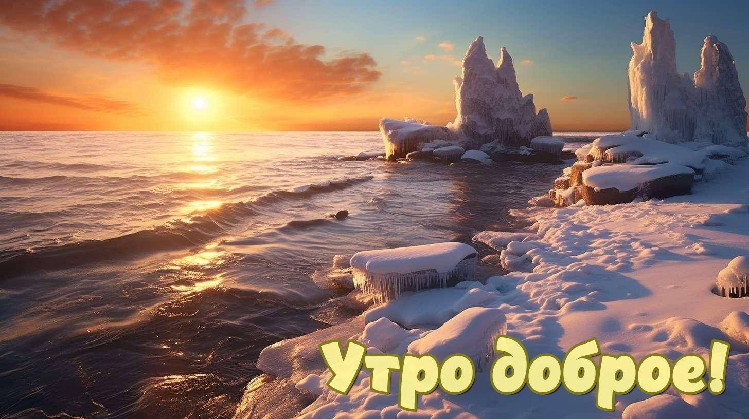 Золотой рассвет над заснеженными скалами у моря