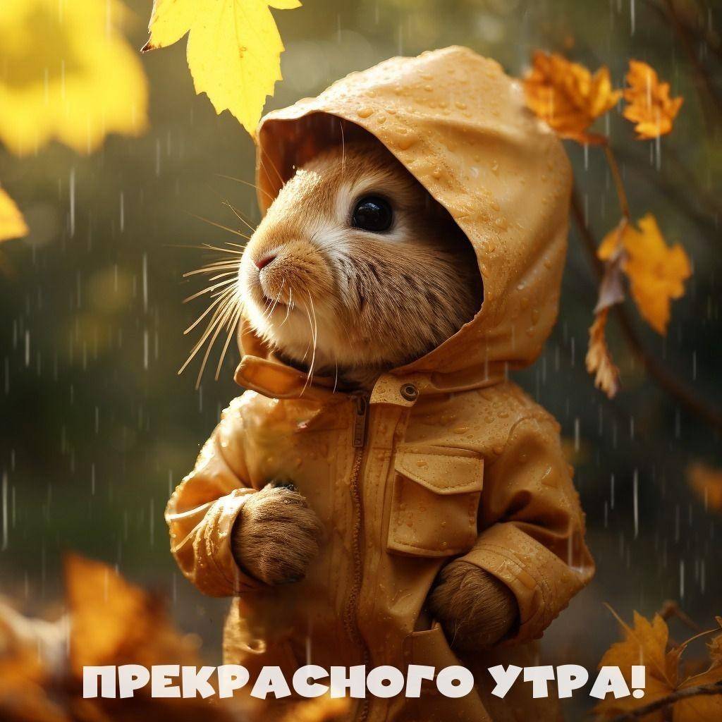 Мышонок в дождевике с зонтиком под дождём, листья на фоне